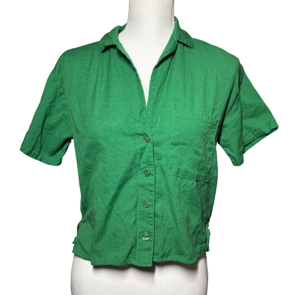 Self Esteem Button Down Short Sleeve Shirt S Green Excellent Cotton Linen Blend